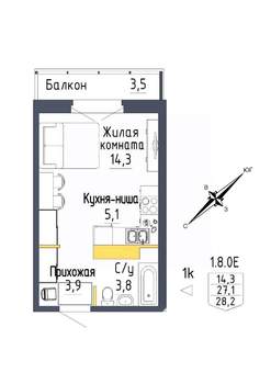 1-к квартира, строящийся дом, 28м2, 8/9 этаж