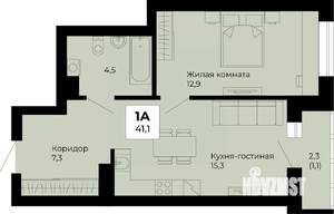 1-к квартира, строящийся дом, 41м2, 3/25 этаж