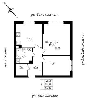2-к квартира, строящийся дом, 55м2, 5/25 этаж