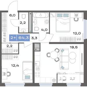 2-к квартира, вторичка, 64м2, 8/17 этаж