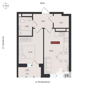 1-к квартира, строящийся дом, 44м2, 8/24 этаж