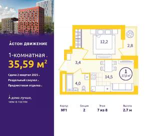 1-к квартира, вторичка, 36м2, 7/12 этаж