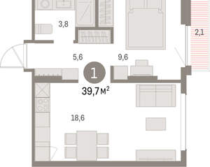 1-к квартира, вторичка, 40м2, 6/9 этаж