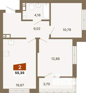 2-к квартира, строящийся дом, 55м2, 2/23 этаж