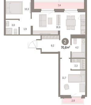 2-к квартира, вторичка, 71м2, 9/9 этаж