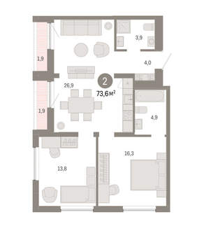 2-к квартира, вторичка, 74м2, 6/16 этаж