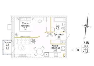 1-к квартира, строящийся дом, 44м2, 2/8 этаж