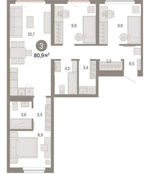 3-к квартира, вторичка, 81м2, 3/9 этаж