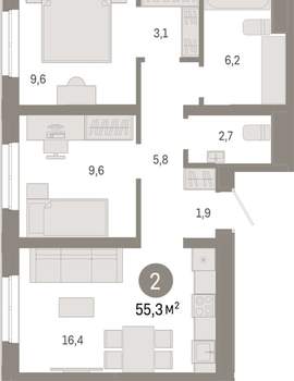 2-к квартира, вторичка, 55м2, 2/24 этаж