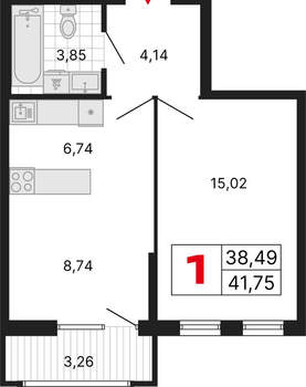 1-к квартира, вторичка, 42м2, 2/25 этаж