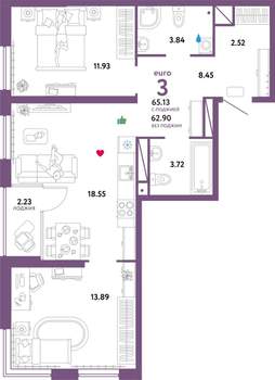 3-к квартира, строящийся дом, 65м2, 25/32 этаж