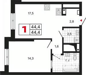 1-к квартира, вторичка, 45м2, 17/29 этаж