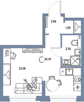 Студия квартира, строящийся дом, 30м2, 2/24 этаж