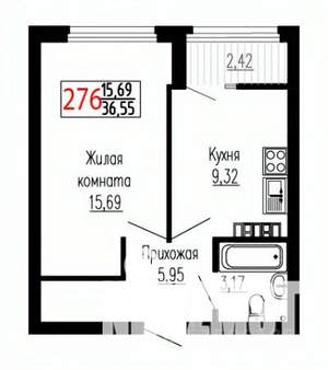 1-к квартира, строящийся дом, 37м2, 21/27 этаж
