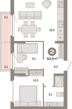 2-к квартира, вторичка, 64м2, 9/9 этаж