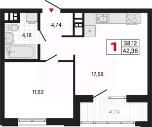 1-к квартира, вторичка, 42м2, 4/11 этаж