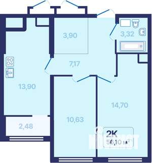 2-к квартира, вторичка, 56м2, 17/27 этаж