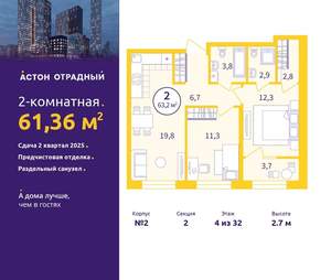 2-к квартира, вторичка, 61м2, 4/9 этаж