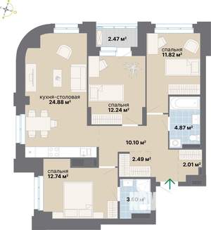 3-к квартира, вторичка, 87м2, 3/25 этаж