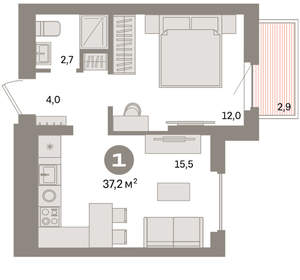 1-к квартира, вторичка, 37м2, 6/16 этаж
