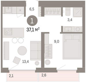 1-к квартира, вторичка, 37м2, 4/9 этаж