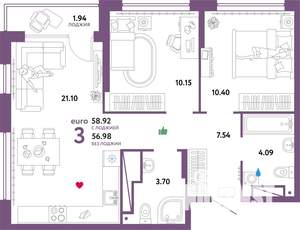 3-к квартира, строящийся дом, 59м2, 18/32 этаж