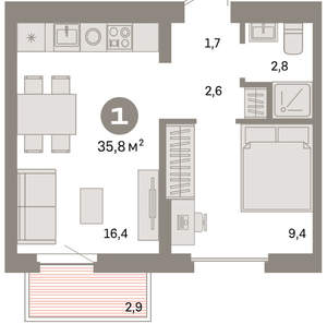 1-к квартира, вторичка, 36м2, 6/16 этаж