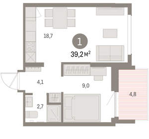 1-к квартира, вторичка, 39м2, 5/9 этаж