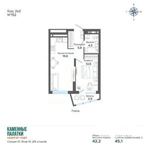 1-к квартира, вторичка, 45м2, 14/25 этаж