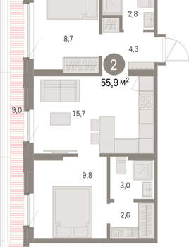 2-к квартира, вторичка, 56м2, 8/9 этаж