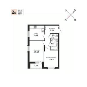 2-к квартира, строящийся дом, 57м2, 7/21 этаж