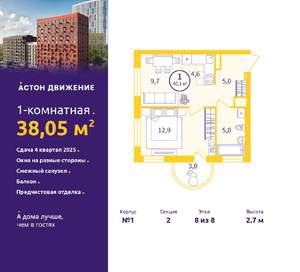 1-к квартира, вторичка, 38м2, 8/8 этаж