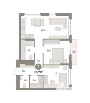 2-к квартира, вторичка, 65м2, 7/16 этаж