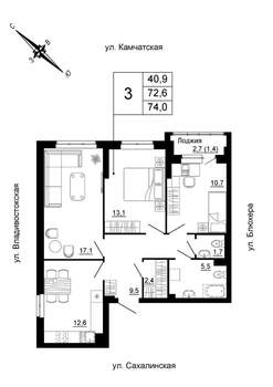 3-к квартира, строящийся дом, 74м2, 2/24 этаж