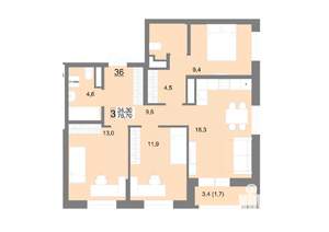 3-к квартира, строящийся дом, 77м2, 17/26 этаж