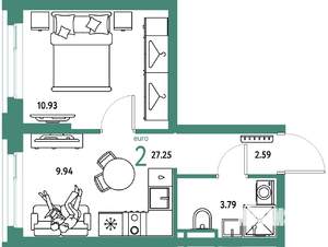 2-к квартира, строящийся дом, 27м2, 7/20 этаж