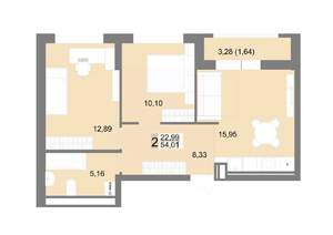 2-к квартира, строящийся дом, 54м2, 18/22 этаж