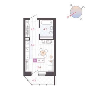 Студия квартира, строящийся дом, 28м2, 9/25 этаж