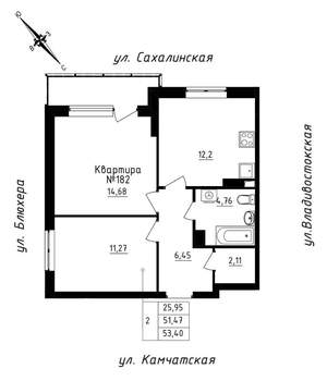 2-к квартира, строящийся дом, 53м2, 16/25 этаж