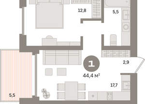 1-к квартира, вторичка, 44м2, 13/24 этаж