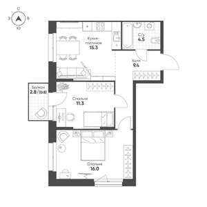 2-к квартира, строящийся дом, 57м2, 8/16 этаж