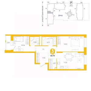 3-к квартира, строящийся дом, 69м2, 4/25 этаж