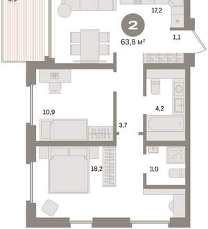 2-к квартира, вторичка, 64м2, 19/24 этаж