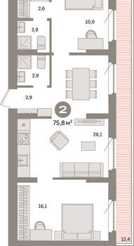2-к квартира, вторичка, 76м2, 8/9 этаж
