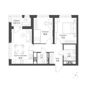 2-к квартира, вторичка, 52м2, 12/16 этаж