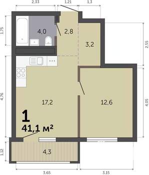 1-к квартира, строящийся дом, 41м2, 17/19 этаж