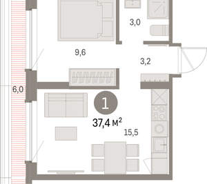 1-к квартира, вторичка, 37м2, 8/9 этаж