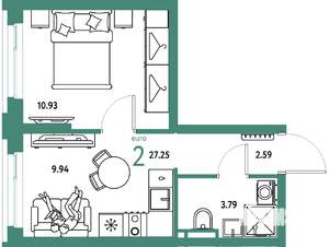 2-к квартира, строящийся дом, 27м2, 11/20 этаж