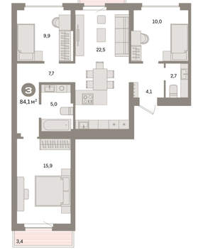 3-к квартира, вторичка, 84м2, 8/9 этаж