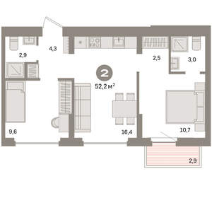 2-к квартира, вторичка, 52м2, 4/16 этаж